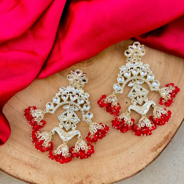 red jhumka, red chandbai, jhumka, Earings, Chandbali Minal , Kundam Earrings