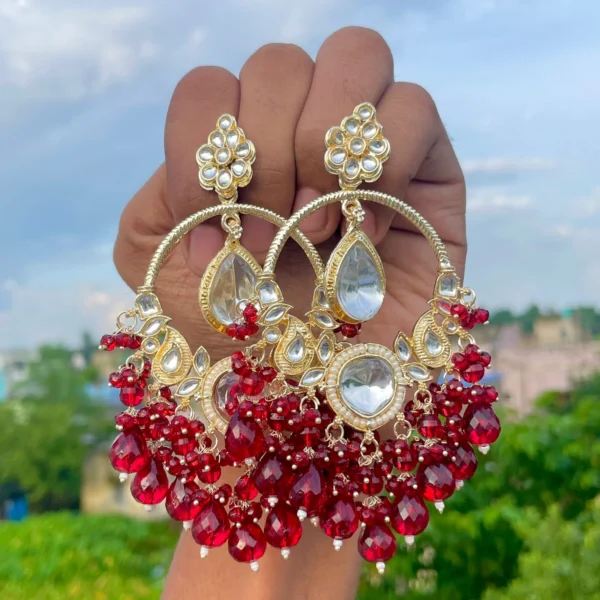 punjabi earrings, earrings, trending earrings, red earrings, wearable jewells, Chandbali, Kundan Earrings