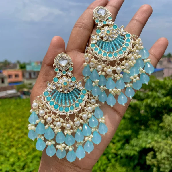 blue earrings, pakistani earring, pakistani earrings, wearable jewells, wearable jewel, puja sale, chandbali , kundan chandbali