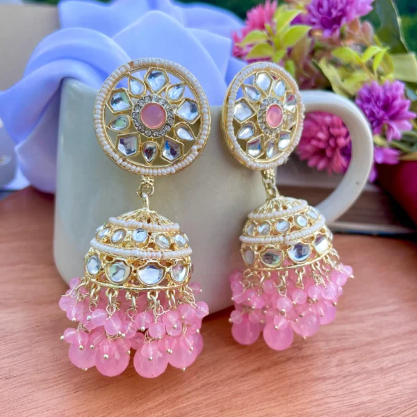 pink jhumka, jhumka, kundan earrings, jasmin earrings, kundan, earrings, jewellery, wearablejewells