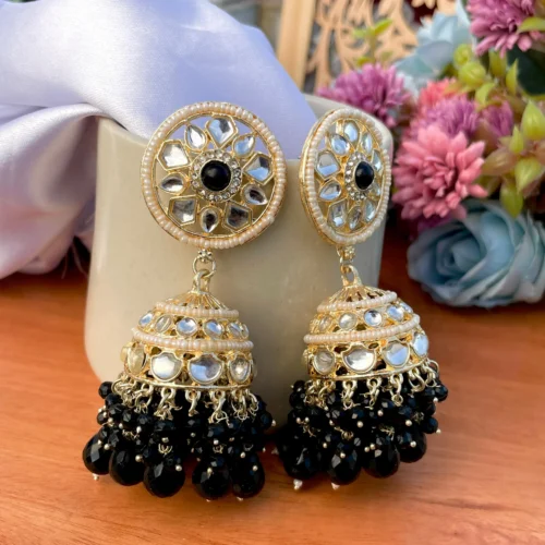 black jhumka, jhumka, kundan earrings, jasmin earrings, kundan, earrings, jewellery, wearablejewells