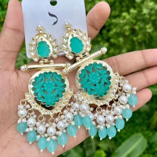 turquoise chandbali, chandbali, Bollywood inspired earrings, Bollywood inspired chandbali, turquoise earrings, sea blue chandbali