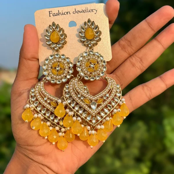 Azeeza earrings, jhumka, chandbali, Yellow Earring, Wearable jewells, Kundan earrings, Sale, Earring, Shopping