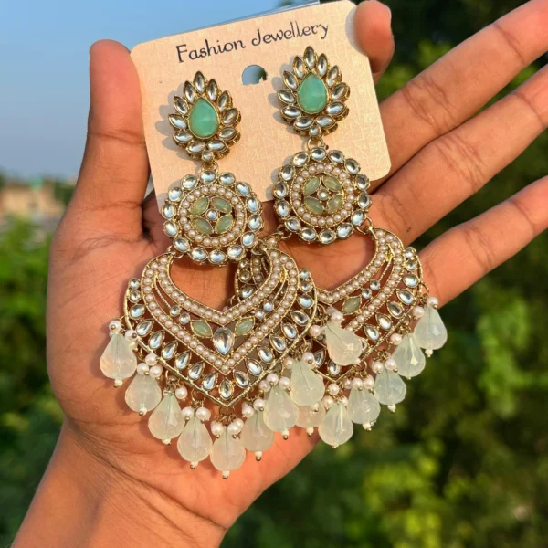 Azeeza earrings, jhumka, chandbali, Pista color Earring, Wearable jewells, Kundan earrings, Sale, Earring, Shopping