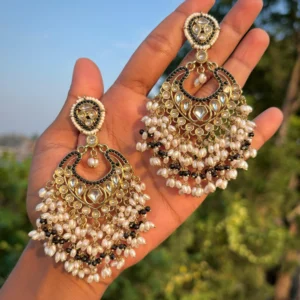 Alishba Chandbali, Alishba, Black EARRINGS, EARRINGS, TRENDING EARRINGS, WEARABLE JEWELLS, SALE, weading SALE, BOLLYOOD EARRINGS, Kundan earrings, Earrings, chandbali, wearablejewells