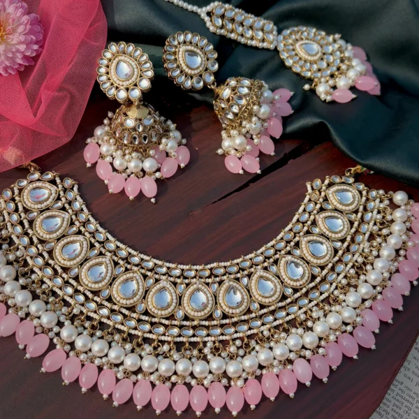 necklace, kundan set, kundan necklace, pink necklace, pink set, pink kundan neck set, wearable jewells