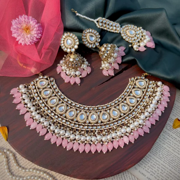 necklace, kundan set, kundan necklace, pink necklace, pink set, pink kundan neck set, wearable jewells