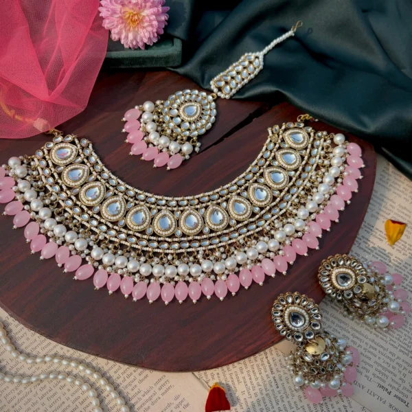 necklace, kundan set, kundan necklace, pink necklace, pink set, pink kundan neck set, wearable jewells