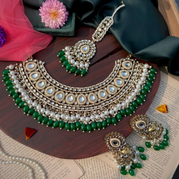 necklace, kundan set, kundan necklace, white necklace, white set, green kundan neck set, wearable jewells