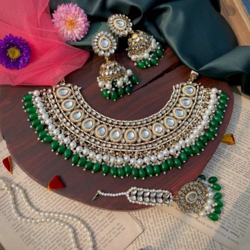 necklace, kundan set, kundan necklace, white necklace, white set, green kundan neck set, wearable jewells