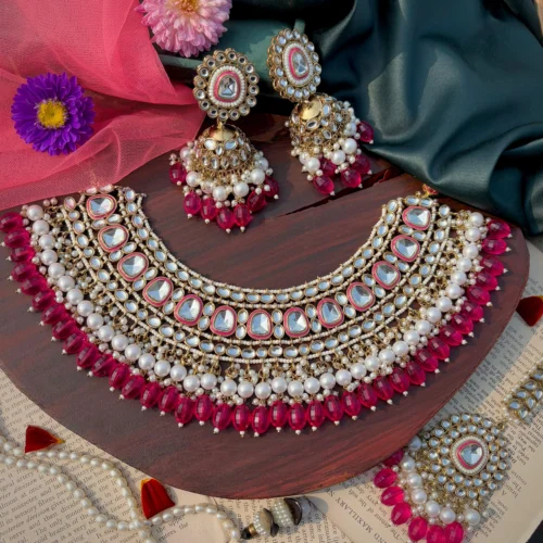 necklace, kundan set, kundan necklace, hot pink necklace, rani colour set, hot pink colour kundan neck set, wearable jewells, rani colour necklace