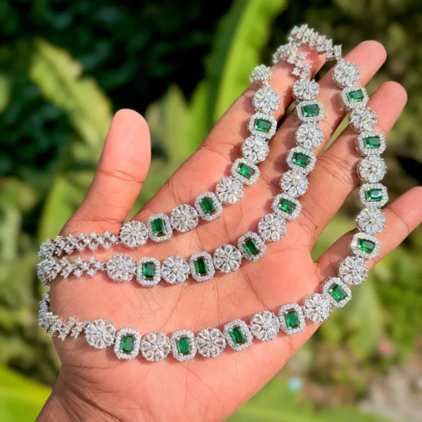 IMG-20250106-WA0054 green ad set, green American diamond necklace, green ad, green necklace, American diamond, American diamond set, ad set, wearable jewells