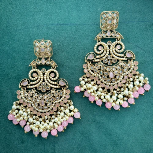 pink earring, pink chandbali, reverse pink earring, reverse pink chandbali, reverse american diamond earring, wearable jewells,