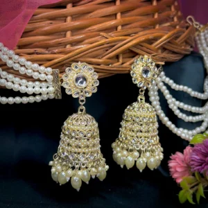 bahubali, White jhumka, Earring with tana , Earrings, Fida , White Earring, Wearablejewells,