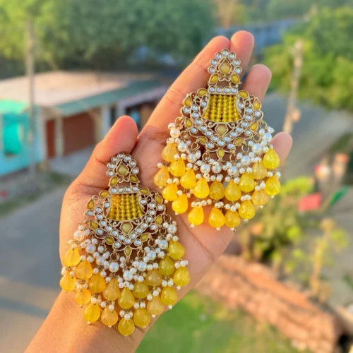 Yellow EARRINGS, TRENDING EARRINGS, WEARABLE JEWELLS, SALE, DIWALI SALE, BOLLYOOD EARRINGS, Kundan earrings, Earrings, chandbali