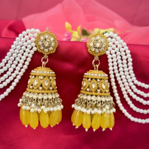 yellow earring, bahubali, jhumka, Yellow jhumka, kundAN EARRINGS, earring wwith tana, Yellow kundan jhumka