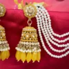 yellow earring, bahubali, jhumka, Yellow jhumka, kundAN EARRINGS, earring wwith tana, Yellow kundan jhumka