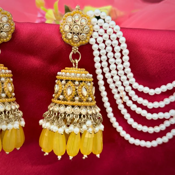 IMG-20250227-WA0042 yellow earring, bahubali, jhumka, Yellow jhumka, kundAN EARRINGS, earring wwith tana, Yellow kundan jhumka