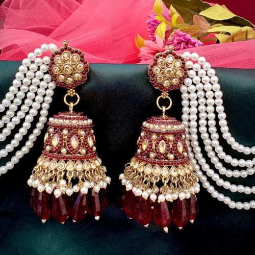 Mahroon earring, bahubali, jhumka, Rani pink jhumka, kundan EARRINGS, earring with tana, MAhroon kundan jhumka
