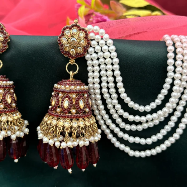 Mahroon earring, bahubali, jhumka, Rani pink jhumka, kundan EARRINGS, earring with tana, MAhroon kundan jhumka