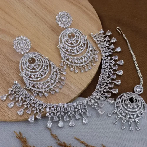 American diamond set, American diamond, ad set, white ad set, white American diamond neck set, wearable jewells, American diamond necklace