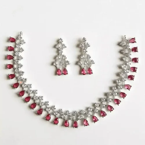 American diamond set, American diamond, ad set, ruby ad set, ruby American diamond neck set, wearable jewells, American diamond necklace