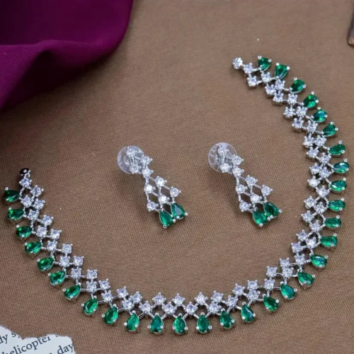 American diamond set, American diamond, ad set, green ad set, green American diamond neck set, wearable jewells, American diamond necklace