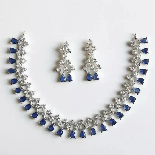 American diamond set, American diamond, ad set, blue ad set, blue American diamond neck set, wearable jewells, American diamond necklace
