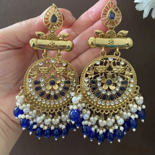 sajal chandbali, blue chandbali, navy blue earrings, peach earring, wearable jewells, trending earring, sale,