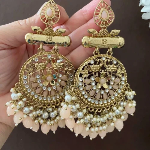 sajal chandbali, peach chandbali, peach earrings, peach earring, wearable jewells, trending earring, sale,