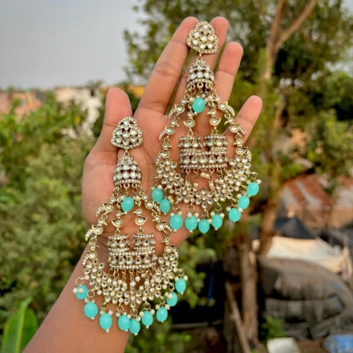 burj khalifa earring, earrings, statement earring, big earrings, chandbali, statement chandbali, wearable jewells, blue chandbali, blue earring