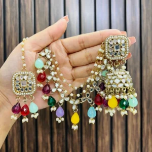 Jhumka with teeka, Jhumka, Earring, Multi Jhumka, Kundan Earring, Mirror Earrings, Chandni, Earrings