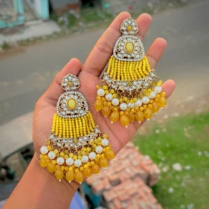 yellow chandbali, yellow earring, yellow earrings, yellow statement chandbali, yellow jhumka, wearable jewells,