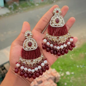 mehroon chandbali, red earring, red earrings, red statement chandbali, mehrun jhumka, wearable jewells,