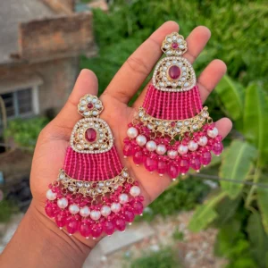 rani colour chandbali, hot pink colour earring, pink earrings, pink statement chandbali, pink jhumka, wearable jewells,