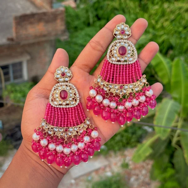 rani colour chandbali, hot pink colour earring, pink earrings, pink statement chandbali, pink jhumka, wearable jewells,