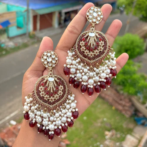 red EARRINGS, EARRINGS, TRENDING EARRINGS, WEARABLE JEWELLS, SALE, DIWALI SALE, BOLLYOOD EARRINGS, Kundan earrings, Earrings, chandbali
