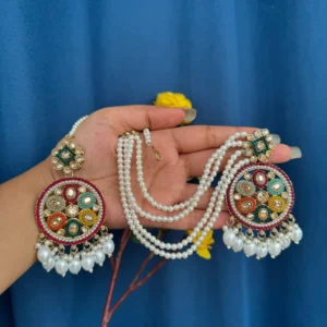 Jhumka with teeka, Jhumka, Earring, multi Jhumka, Kundan Earring, Mirror Earrings, Chandni, Earrings