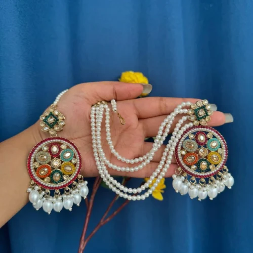 Jhumka with teeka, Jhumka, Earring, multi Jhumka, Kundan Earring, Mirror Earrings, Chandni, Earrings