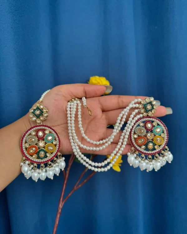 Jhumka with teeka, Jhumka, Earring, multi Jhumka, Kundan Earring, Mirror Earrings, Chandni, Earrings