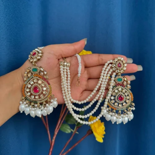 Jhumka with teeka, Jhumka, Earring, multi Jhumka, Kundan Earring, Mirror Earrings, Chandni, Earrings
