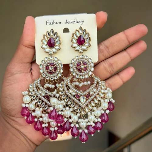 hot pink colour earring, rani colour chandbali, pink earring, ashii earrings, wearable jewells