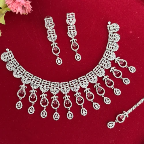Elsa American Diamond Necklace Set- Ruby