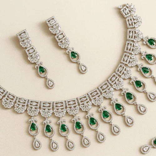 Elsa American Diamond Necklace Set- Green