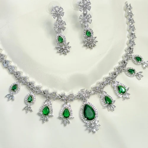 Debolina American Diamond Necklace Set - Green