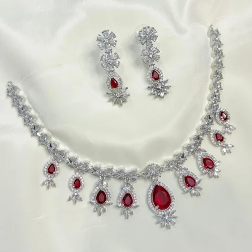 Debolina American Diamond Necklace Set -Ruby