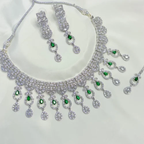 Elsa American Diamond Necklace Set- Green