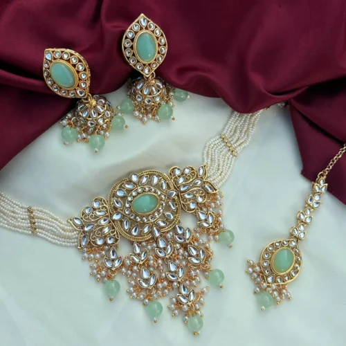 Eshal Polki Dupe Kundan Choker Set - Mint