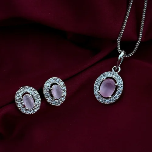 Lisa Premium American Diamond Pendent With Earring - Pink