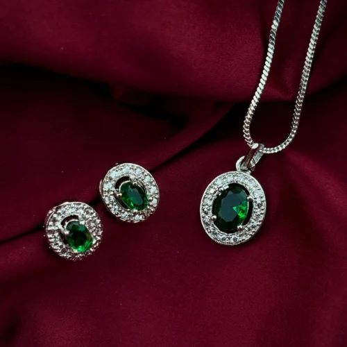 Lisa Premium American Diamond Pendent With Earring - Green